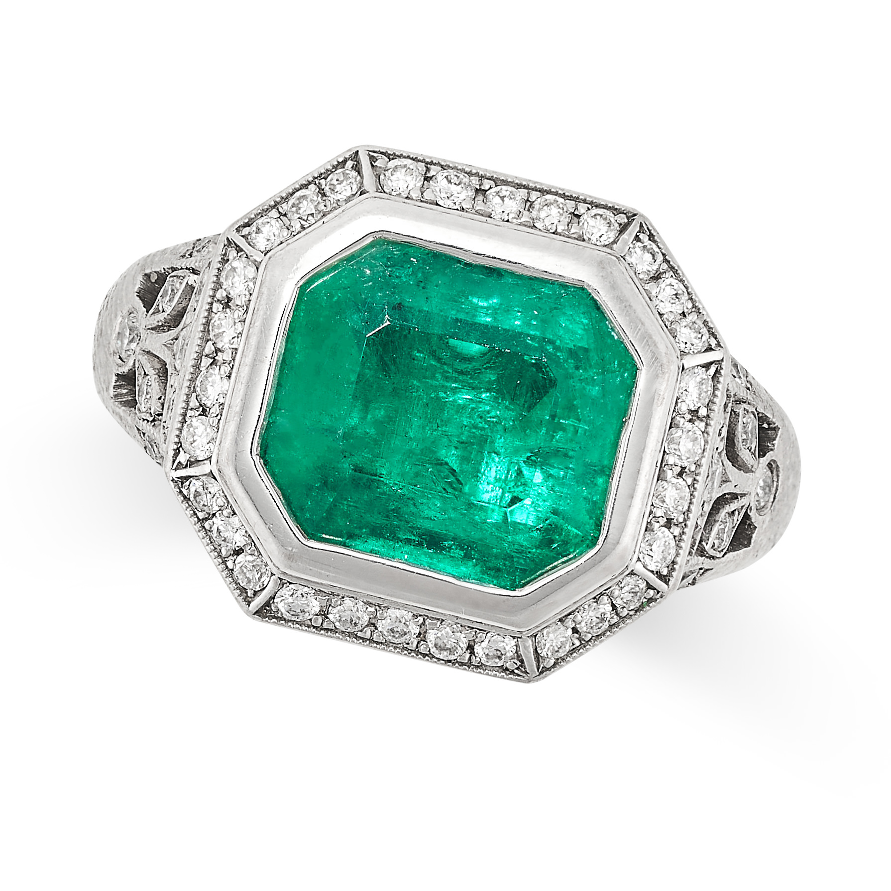 AN EMERALD AND DIAMOND RING in 18ct white gold, set with an octagonal cut emerald of 2.33 carats