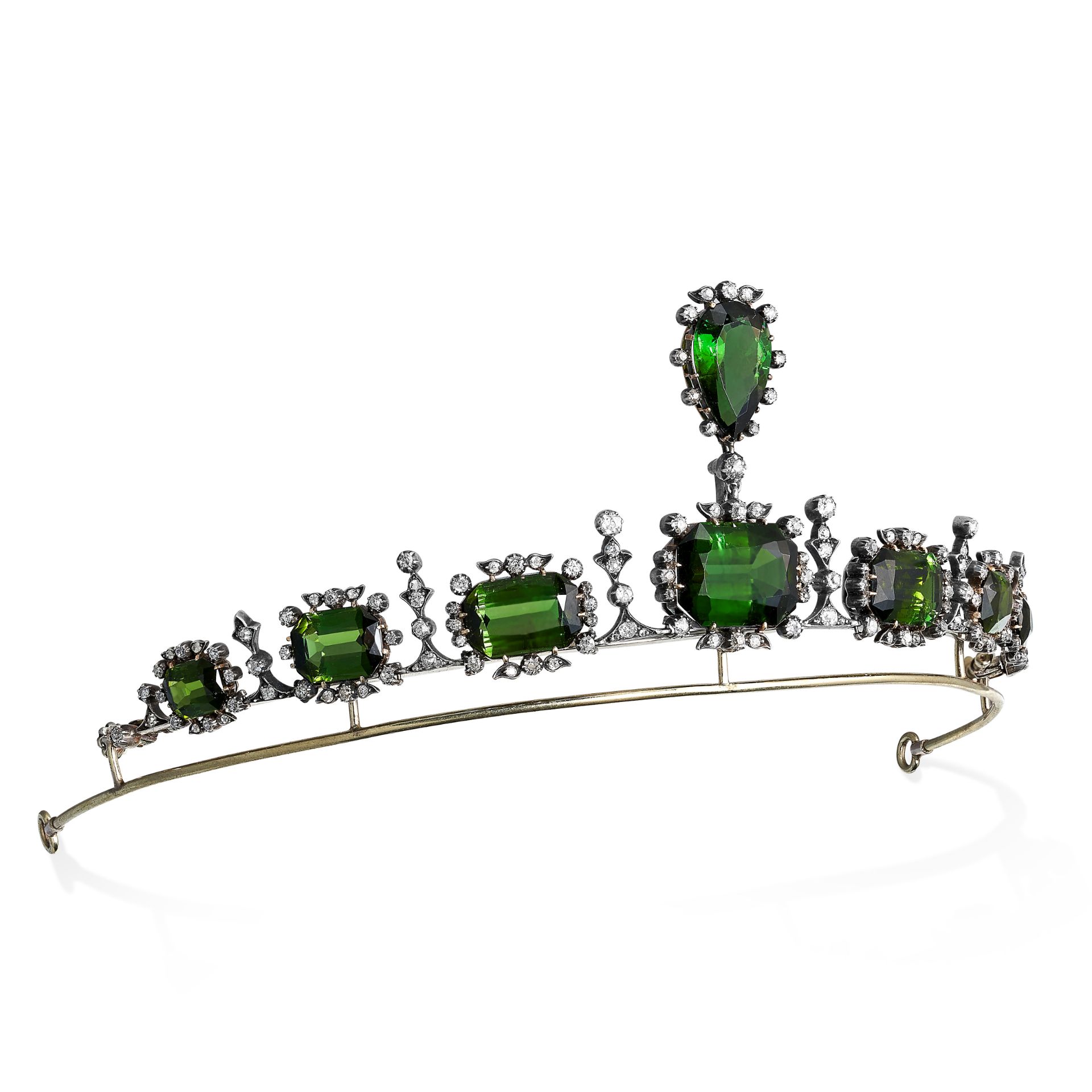 A FINE ANTIQUE TOURMALINE AND DIAMOND TIARA / NECKLACE, 19TH CENTURY in yellow gold and silver,