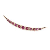 AN ANTIQUE RUBY AND DIAMOND CRESCENT MOON BROOCH in yellow gold, set with a row of cushion cut