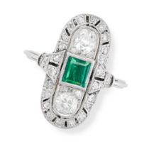 AN EMERALD AND DIAMOND RING, EARLY 20TH CENTURY set with a central step cut emerald, between two old