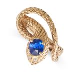 A VINTAGE SAPPHIRE AND DIAMOND SNAKE RING in yellow gold, set to the head with an oval cut