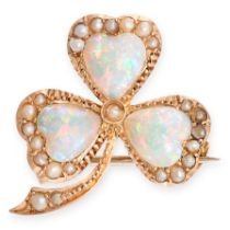 AN ANTIQUE OPAL AND PEARL SHAMROCK BROOCH, 19TH CENTURY in yellow gold, designed to depict a three