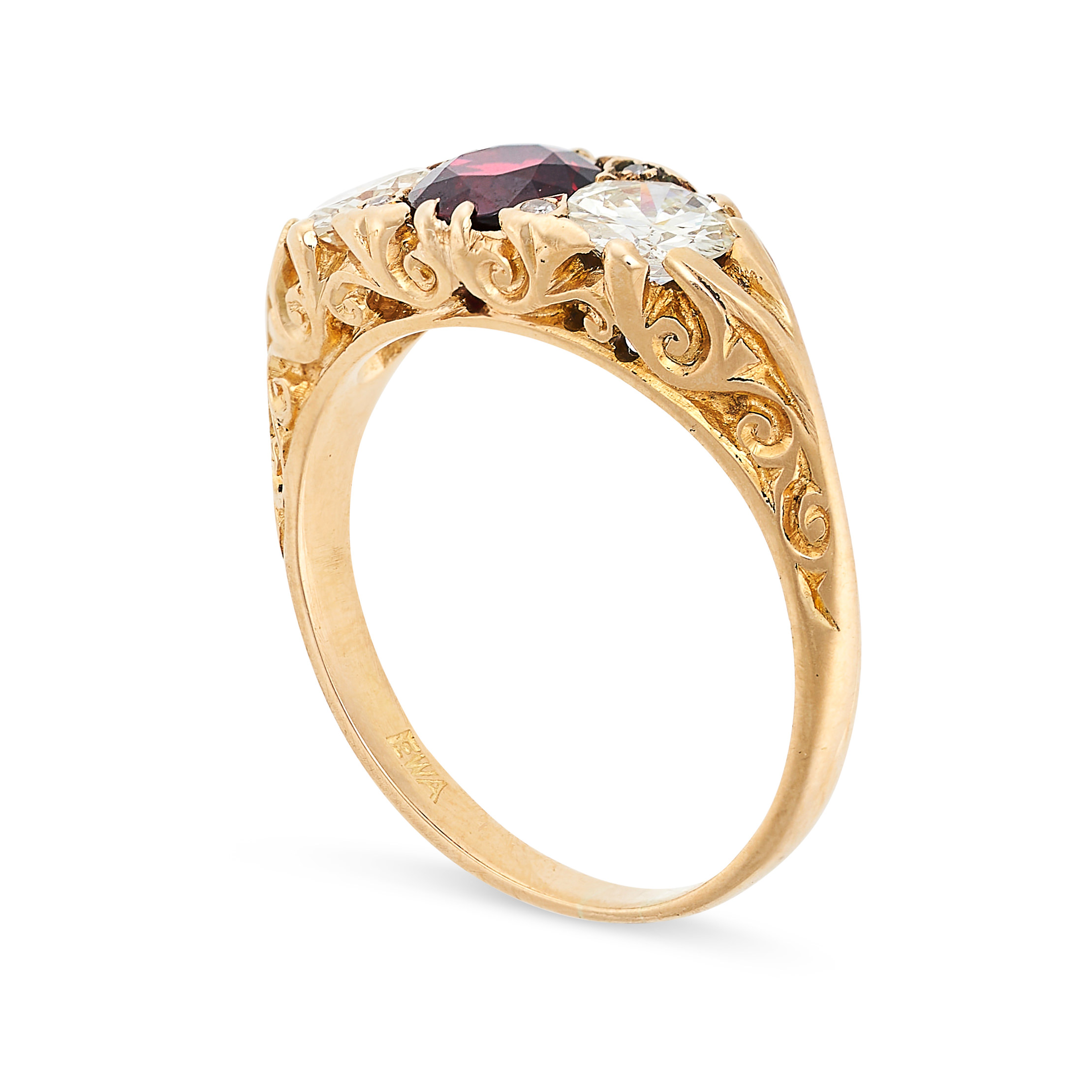 A RUBY AND DIAMOND RING in 18ct yellow gold, set with a round cut ruby of 0.97 carats between two - Image 2 of 2