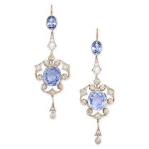 A PAIR OF CEYLON NO HEAT SAPPHIRE AND DIAMOND EARRINGS, EARLY 20TH CENTURY AND LATER in 18ct white