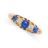 AN ANTIQUE VICTORIAN SAPPHIRE AND DIAMOND FIVE STONE RING, 1896 in 18ct yellow gold, set with