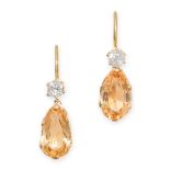 A PAIR OF IMPERIAL TOPAZ AND DIAMOND DROP EARRINGS in yellow gold, each set with a pear cut imperial