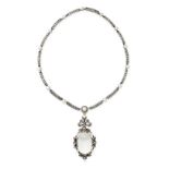 AN ANTIQUE DIAMOND, ROCK CRYSTAL AND PEARL NECKLACE in yellow gold and silver, the necklace