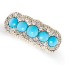 AN ANTIQUE TURQUOISE AND DIAMOND RING in yellow gold and silver, set with five cabochon turquoise