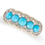 AN ANTIQUE TURQUOISE AND DIAMOND RING in yellow gold and silver, set with five cabochon turquoise