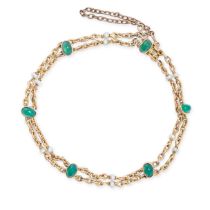 AN ANTIQUE CHRYSOPRASE AND PEARL BRACELET in yellow gold, comprising two rows of chain set with