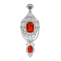AN IMPORTANT BELLE EPOQUE FIRE OPAL AND DIAMOND PENDANT in platinum, set with two cushion cut fire
