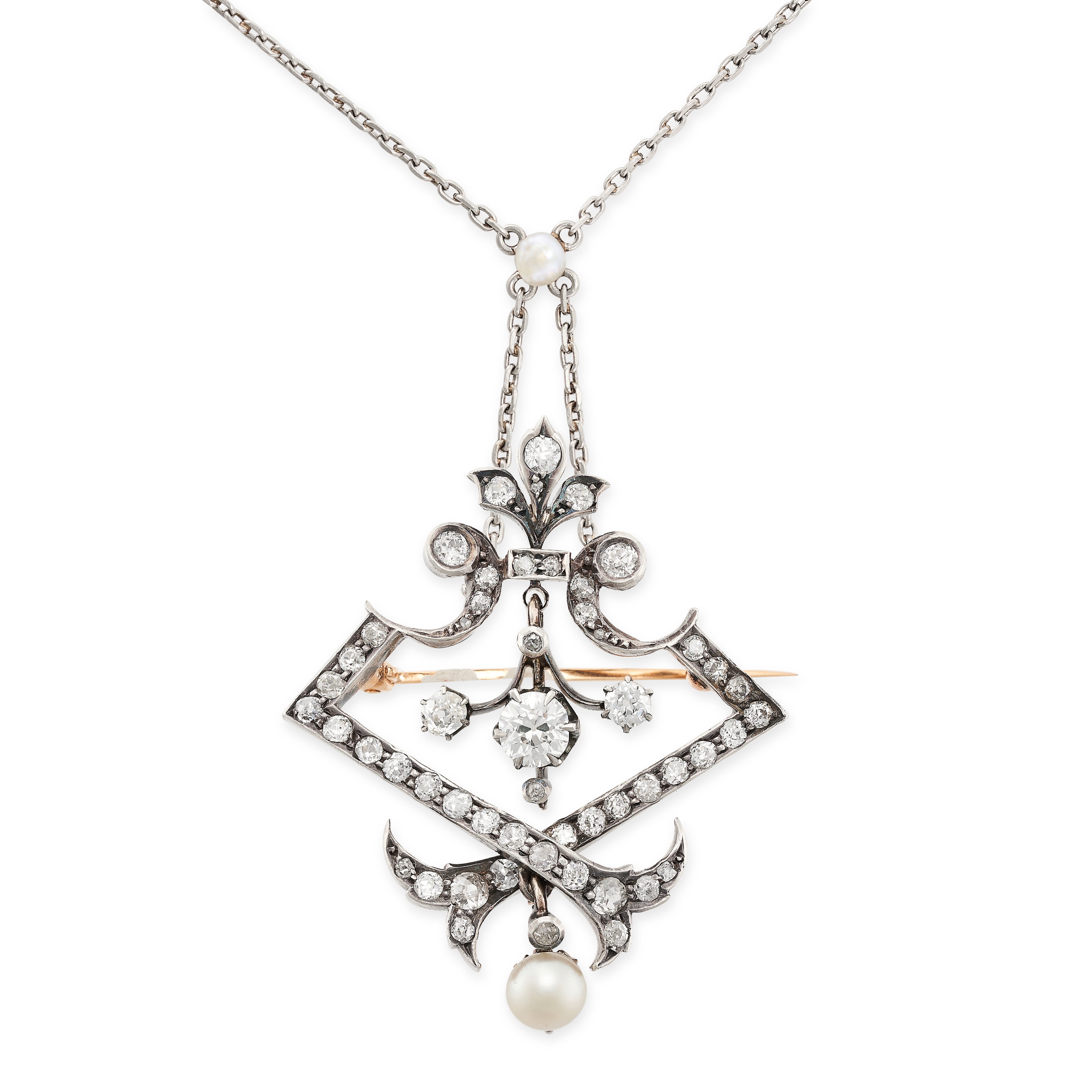 AN ANTIQUE DIAMOND AND PEARL NECKLACE WITH PENDANT / BROOCH the trace link chain set with a pearl