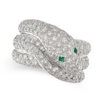 A DIAMOND AND EMERALD SNAKE RING in the form of a snake coiled around itself, set with round