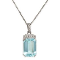 AN AQUAMARINE AND DIAMOND PENDANT AND CHAIN in 18ct white gold, the pendant set with an emerald