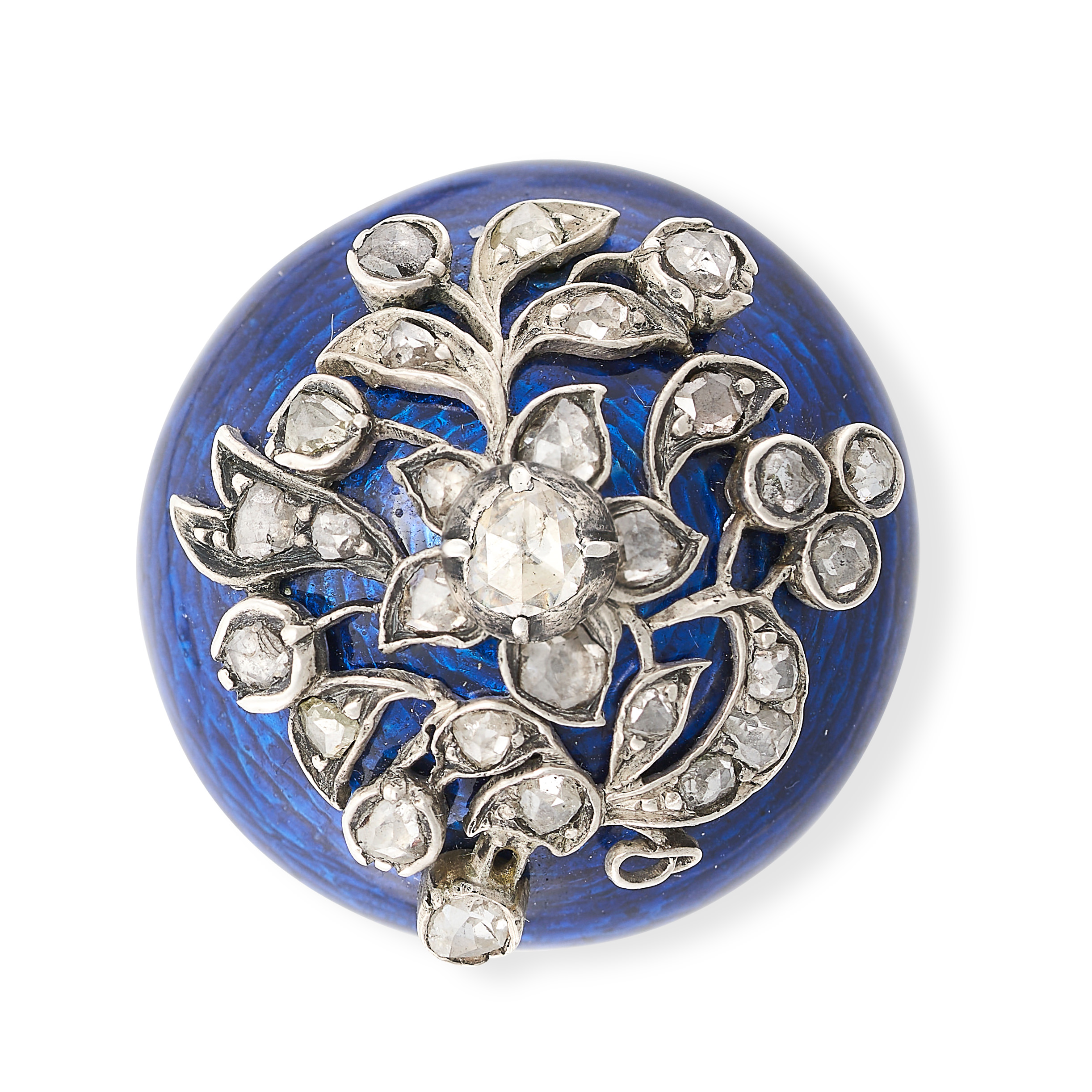 AN ANTIQUE ENAMEL AND DIAMOND BROOCH in yellow gold and silver, the circular domed body set with