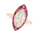 AN ART DECO RUBY AND DIAMOND RING in 18ct yellow gold, set with a marquise cut diamond of 2.35