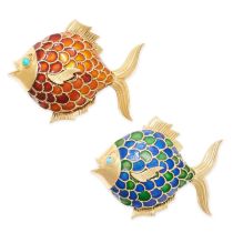 BOUCHERON, A PAIR OF TURQUOISE AND ENAMEL FISH BROOCHES in 18ct gold, each designed as a multicolour