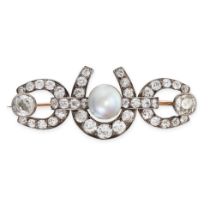 A FINE ANTIQUE NATURAL PEARL AND DIAMOND HORSESHOE BROOCH, LATE 19TH CENTURY in yellow gold and