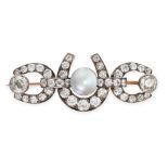 A FINE ANTIQUE NATURAL PEARL AND DIAMOND HORSESHOE BROOCH, LATE 19TH CENTURY in yellow gold and