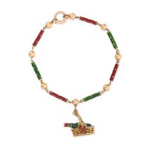 AN ENAMEL WINE BOTTLE CHARM BRACELET in 15ct and 9ct yellow gold, the antique bracelet formed of