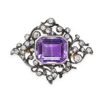 AN ANTIQUE AMETHYST AND DIAMOND BROOCH in yellow gold and silver, set with an octagonal step cut