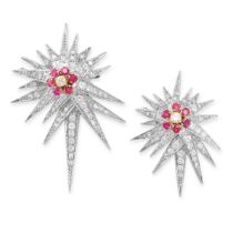 A PAIR OF VINTAGE DIAMOND AND RUBY STAR BROOCHES each designed as an abstract star with many rays,
