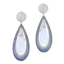 A PAIR OF DIAMOND, SAPPHIRE AND BLUE CHALCEDONY EARRINGS in 18ct white gold, each comprising a