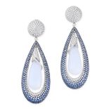 A PAIR OF DIAMOND, SAPPHIRE AND BLUE CHALCEDONY EARRINGS in 18ct white gold, each comprising a