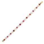 A VINTAGE MOONSTONE AND GARNET BRACELET in 18ct yellow gold, set with a row of alternating