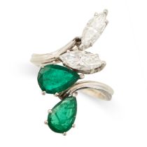 AN EMERALD AND DIAMOND DRESS RING set with two marquise cut diamonds and two pear cut emeralds, no