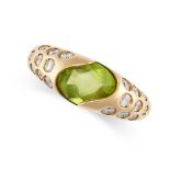 CHAUMET, A PERIDOT AND DIAMOND RING in 18ct yellow gold, set with a cabochon peridot, accented by