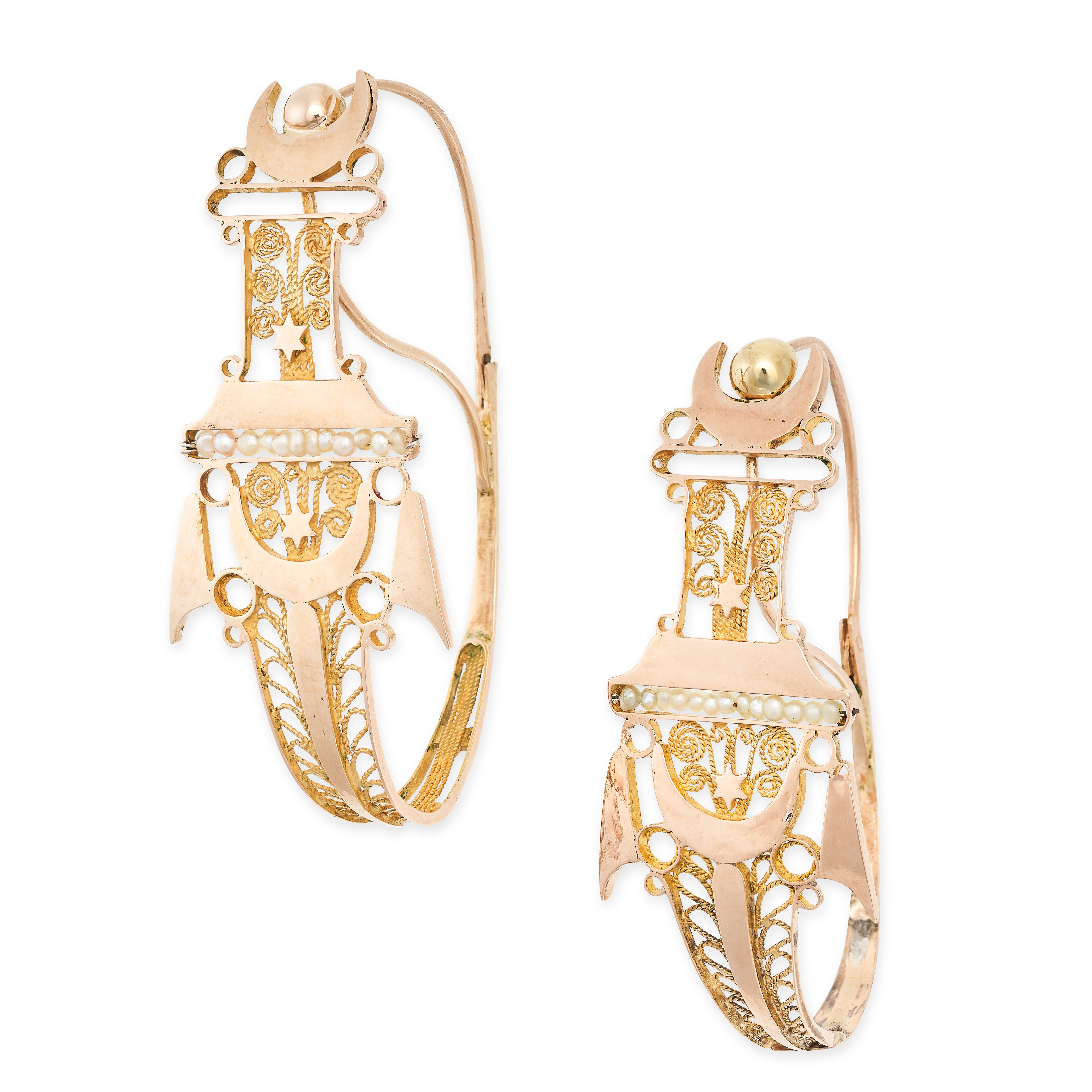 A PAIR OF ANTIQUE PEARL HOOP EARRINGS in yellow gold, with crescent moon and star motifs, accented