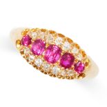 AN ANTIQUE RUBY AND DIAMOND RING in 18ct yellow gold, set with a central row of cushion cut rubies