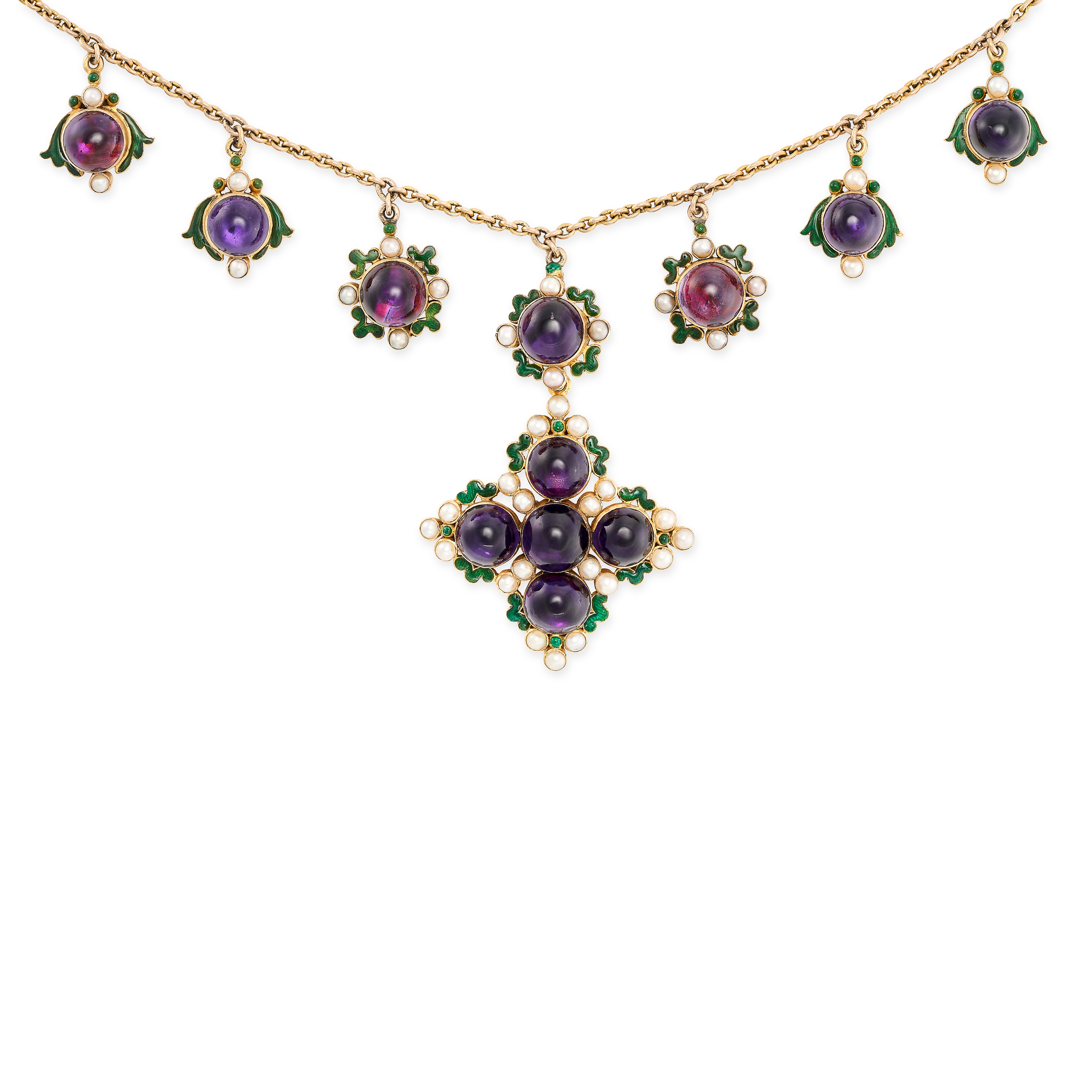 AN ANTIQUE AMETHYST, PEARL AND ENAMEL NECKLACE in yellow gold, comprising a trace chain suspending