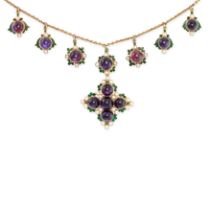 AN ANTIQUE AMETHYST, PEARL AND ENAMEL NECKLACE in yellow gold, comprising a trace chain suspending