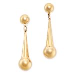 A PAIR OF GOLD DROP EARRINGS in yellow gold, comprising a circular stud suspending a tapering drop