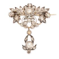 AN ANTIQUE DIAMOND BROOCH AND EARRINGS DEMI PARURE in yellow gold and silver, comprising a pair of