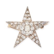 AN ANTIQUE DIAMOND STAR BROOCH in yellow gold and silver, designed as a five rayed star, set