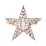 AN ANTIQUE DIAMOND STAR BROOCH in yellow gold and silver, designed as a five rayed star, set