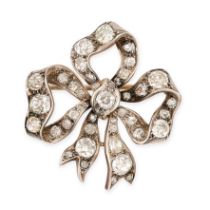 A FINE ANTIQUE DIAMOND BOW BROOCH in yellow gold and silver, designed as a ribbon tied into a bow,