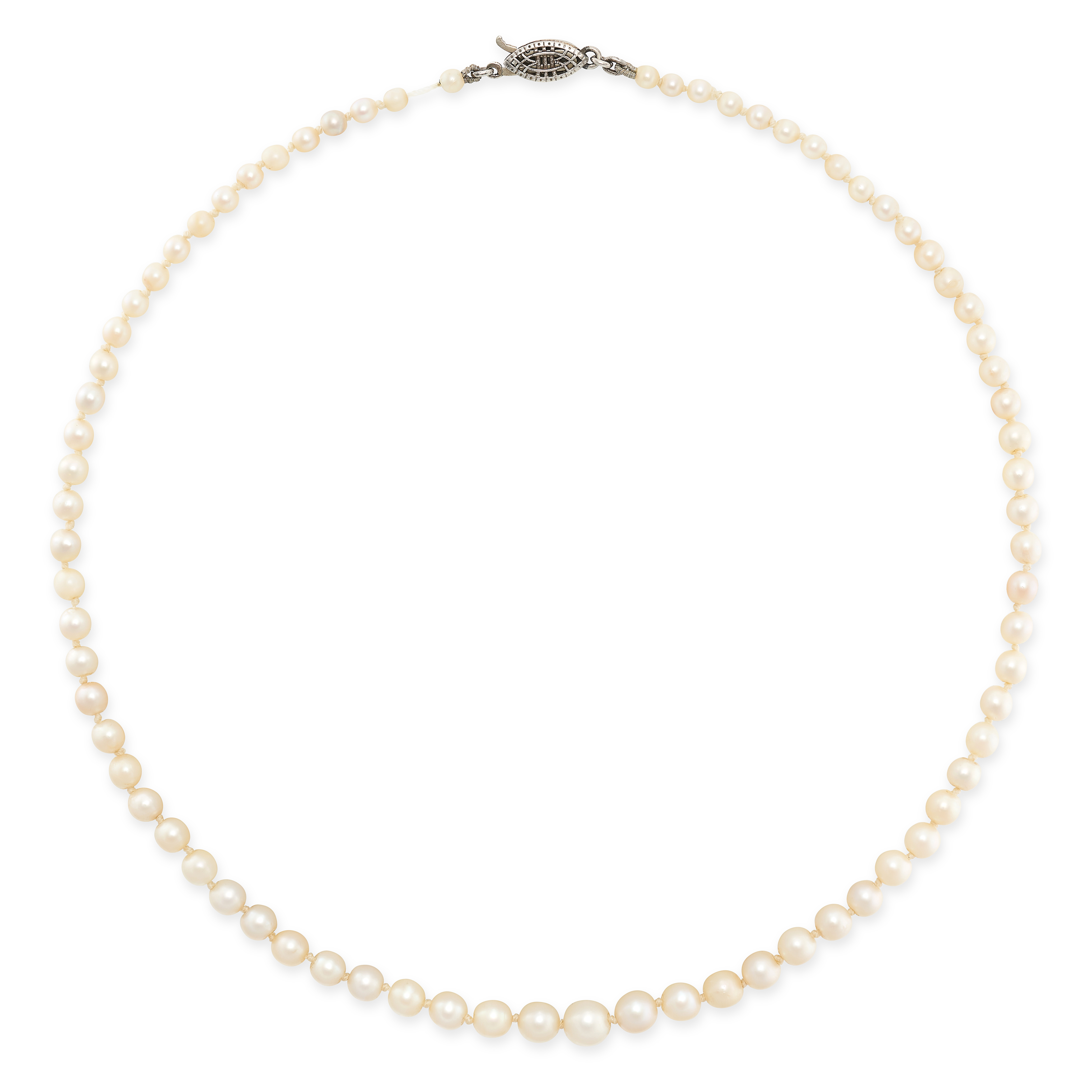 A PEARL NECKLACE comprising a single row of pearls ranging from 3.2mm to 6.4mm, no assay marks, 42.