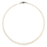 A PEARL NECKLACE comprising a single row of pearls ranging from 3.2mm to 6.4mm, no assay marks, 42.