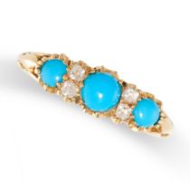 AN ANTIQUE TURQUOISE AND DIAMOND RING in 18ct yellow gold, set with three turquoise cabochons