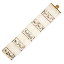 AN ART NOUVEAU PEARL, OPAL AND ENAMEL BRACELET in 14ct yellow gold, comprising twelve rows of pearls