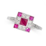 A RUBY AND DIAMOND DRESS RING in platinum, set with five French cut rubies accented by round cut