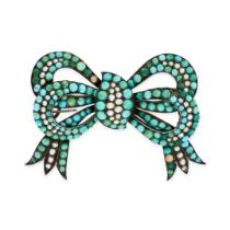 AN ANTIQUE TURQUOISE AND PEARL BOW BROOCH designed as a ribbon tied in a bow, set with cabochon