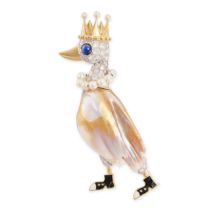 A VINTAGE NOVELTY DUCK BROOCH in 18ct gold, designed as a duck wearing a crown, a pearl necklace and