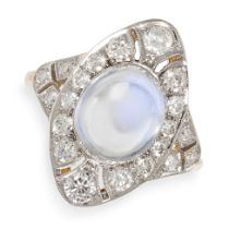 A MOONSTONE AND DIAMOND DRESS RING in 18ct yellow gold and platinum, the navette shaped face set