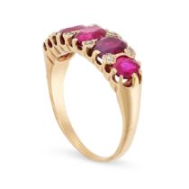 A RUBY AND DIAMOND RING in yellow gold, set with five graduated oval cut rubies, accented by round