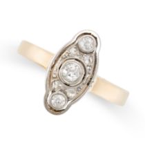 A VINTAGE DIAMOND PLAQUE RING in yellow gold, set with a trio of old cut diamonds accented by rose